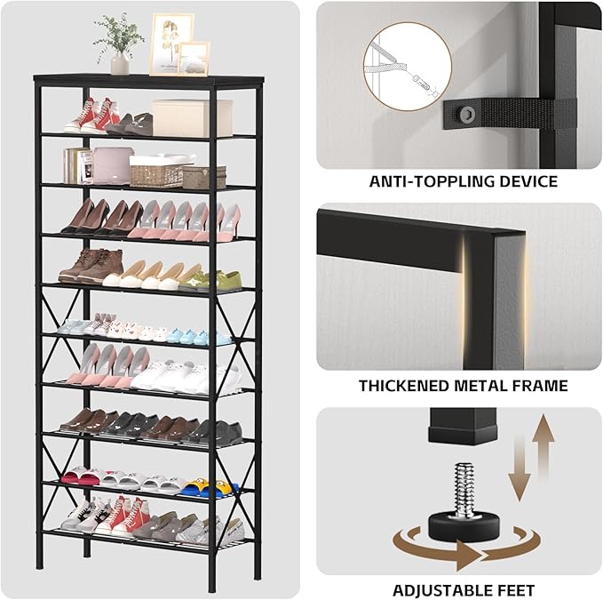 10 Tiers Shoe Storage Organizer, Large Capacity Shoe Shelf Holds 32 Pairs of Shoes,Black-NeatNest