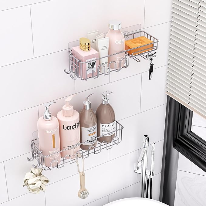 Adhesive Shower Caddy: 2 Bonus Hooks, 4-Pack Wall Mounted Bathroom Storage Shelf, Rustproof Metal Basket Organizer for Kitchen & Bathroom No Drill Grey