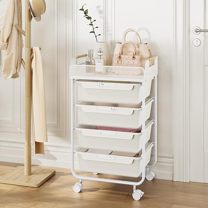 Rolling Utility Storage Cart with 4 Drawers - 4 Tiers Rolling Cart Craft Cart, Storage Drawer Cart Organizer for Craft Room Office Bedroom Classroom with Mesh Top & 4 PCS DIY Lable, White
