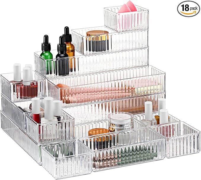 18 Pcs Clear Drawer Organizer Stackable 4 Size Clear Makeup Drawer Organizer Trays Acrylic Bathroom Vanity Storage Bins for Cosmetic, Jewelries, Office Supply, Kitchen Utensils(Stripes)