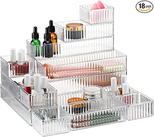 18 Pcs Clear Drawer Organizer Stackable 4 Size Clear Makeup Drawer Organizer Trays Acrylic Bathroom Vanity Storage Bins for Cosmetic, Jewelries, Office Supply, Kitchen Utensils(Stripes)