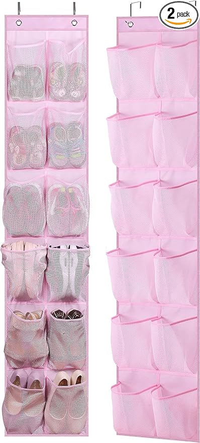 MISSLO Kids Over the Door Shoe Organizer Baby Hanging Shoe Rack Narrow Closet Storage bags with 12 Mesh Pockets for Girl Women Men Toddler Nursery, 2 Packs, Pink-NeatNest