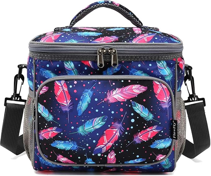FlowFly Insulated Reusable Lunch Bag Adult Large Lunch Box for Women and Men with Adjustable Shoulder Strap,Front Zipper Pocket and Dual Large Mesh Side Pockets,Feather-NeatNest