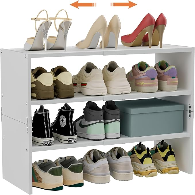 White Shoe Rack Organizer for Closet, 3-Tier Expandable Shoe Shelf, Stackable Iron Wood Combination Shoe Racks Shelves for Closets, Entryway,Small Space,Hallway,Garage,Holds 8-16 Pairs of Shoes-NeatNest