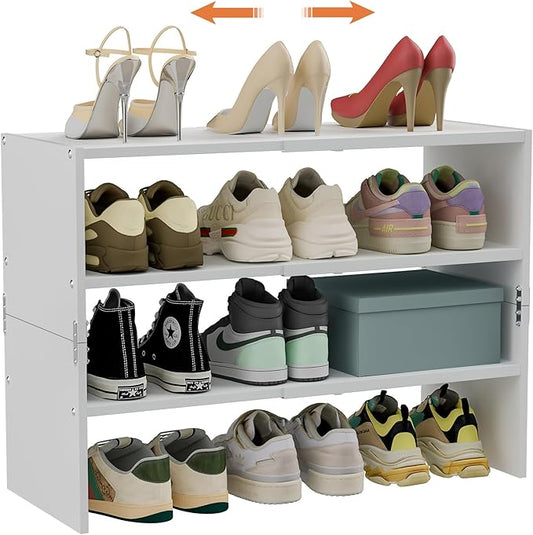 White Shoe Rack Organizer for Closet, 3-Tier Expandable Shoe Shelf, Stackable Iron Wood Combination Shoe Racks Shelves for Closets, Entryway,Small Space,Hallway,Garage,Holds 8-16 Pairs of Shoes-NeatNest