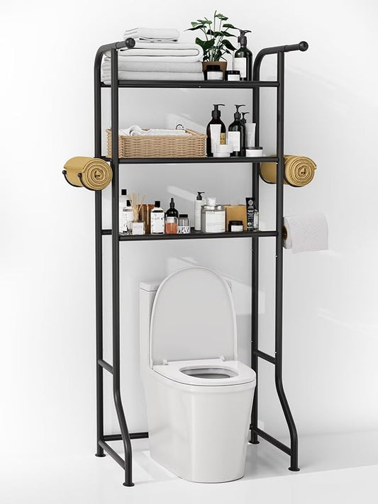 3-Tier Over The Toilet Storage Shelf，Bathroom Organizers and Storage Over Toilet，Metal Bathroom Space Saver with 2 Bars，1 Paper Holder and 4 Hooks,Black