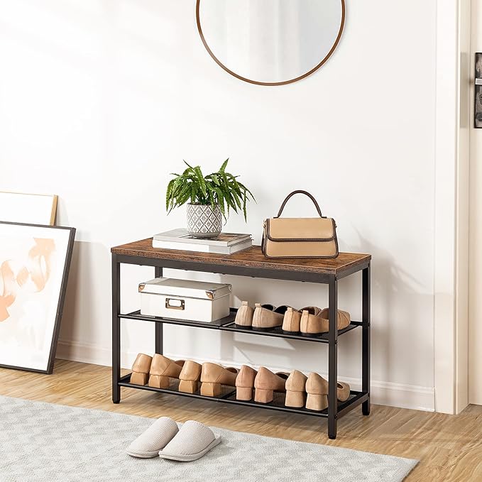 HOOBRO Shoe Bench, 3-Tier Shoe Rack, Industrial Shoe Organizer Storage Bench, 29.5 inches Entry Bench with Mesh Shelves, for Entryway, Living Room, Hallway, Easy Assembly, Rustic Brown BF75HX01-NeatNest