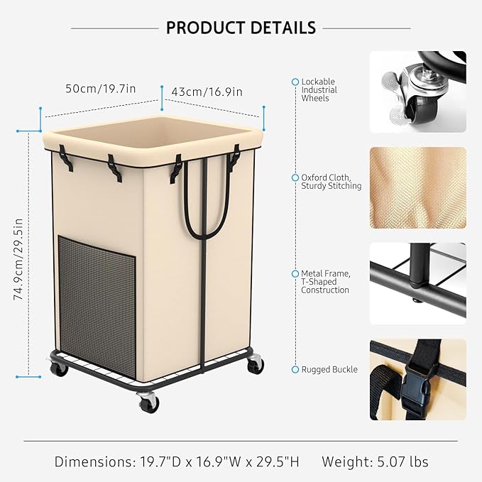 150L Large Laundry Hampers, Oxford Fabric Laundry Hampers Clothes Hampers, Metal Frame and Removable Bag Design with Wheels, Suitable for Bedroom, Bathroom, Dorm Room, Laundry Room (Cream)