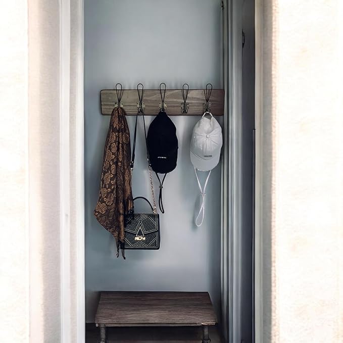 Coat Hanger Wall Mount - 24 Inch Coat Rack with 5 Hooks, Rustic Farmhouse, Handcrafted Pine, Bag, Dog Leash Holder for Wall, Durable Entryway Organizer, Expresso Finish-NeatNest