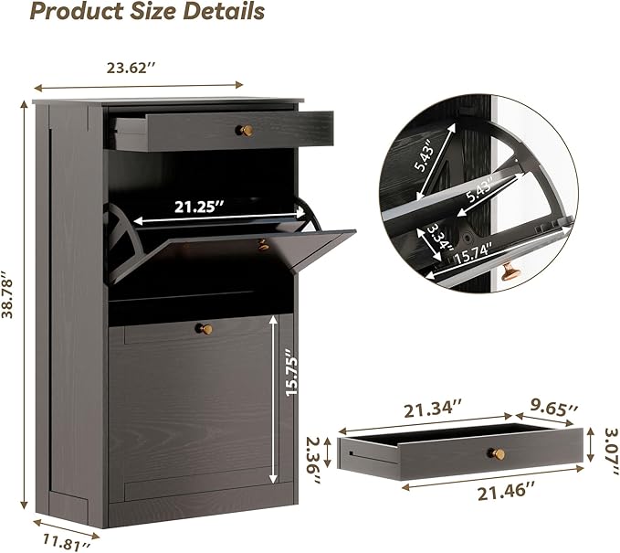 Shoe Storage Cabinet with 2 Flip Doors Set of 2, Wooden Narrow Shoe Cabinet Organizer with Drawer, Freestanding Hidden Shoe Rack with Adjustable Shelf for entryway, Hallway, Living Room, Black-NeatNest