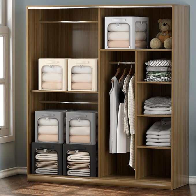 3Pack Clothes Storage Bins - Oxford Frame Storage Box Foldable Stackable Storage Organizer with 3 Openings Design, Metal Frame, Clear Window, Carry Handles (Beige, 100L-23.6 * 16.5 * 15.7in)-NeatNest