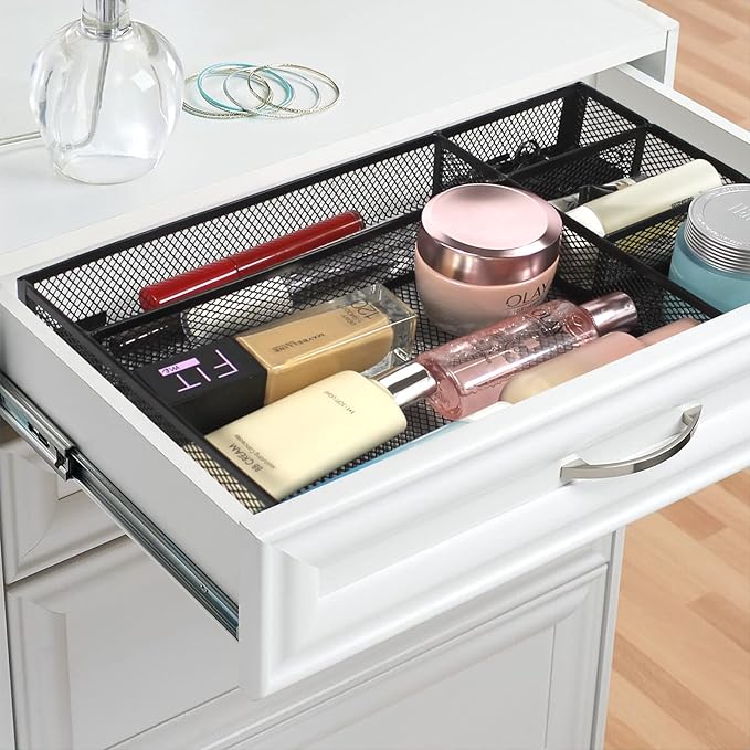 Desk Drawer Organizer Tray, 5 Compartments Metal Mesh Drawer Organizer Tray, Pen Pencil Desk Organizers and Accessories for Office Supplies, School & Makeup, 12.3 x 8.4 x1.7inch, Black-NeatNest