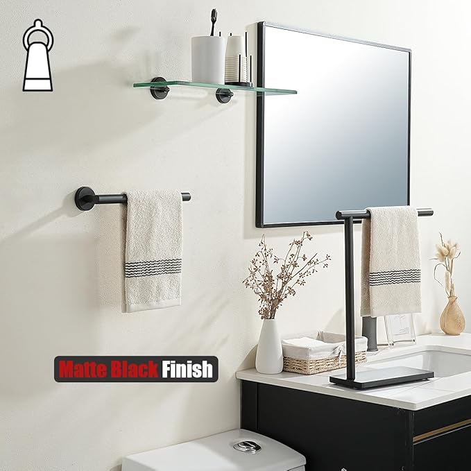 JQK Hand Towel Holder Towel Ring Black, 10 Inch Thicken 0.8mm 304 Stainless Steel Bathroom Hand Towel Bar, 9 Inch Useable Length Wall Mount Towel Rack Hanger, Matte Black, THH110L9-PB