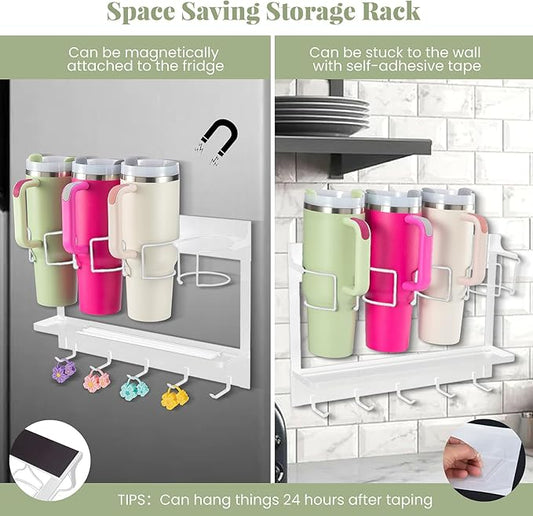CINPIUK Water Bottle Organizer Holder, Magnetic Mug Hook Storage for Stanley & Large Tumbler, Space Saving Wall Mount Mug Organizer with 5 Hook, Easy to Install, White-NeatNest
