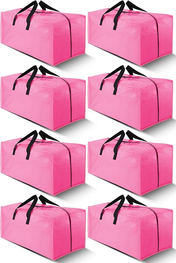 Cosy Family 8 Pack Heavy Duty Extra Large Moving Bags with Backpack Straps - Strong Handles & Zippers, Storage Totes For Space Saving, Fold Flat, Alternative to Moving Box, Pink-NeatNest