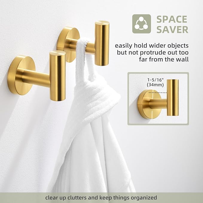 Angle Simple Bathroom Towel Hook 2 PCS, SUS304 Stainless Steel Bath Towel Robe Coat Holder, Heavy Duty Wall Hook, Brushed Gold