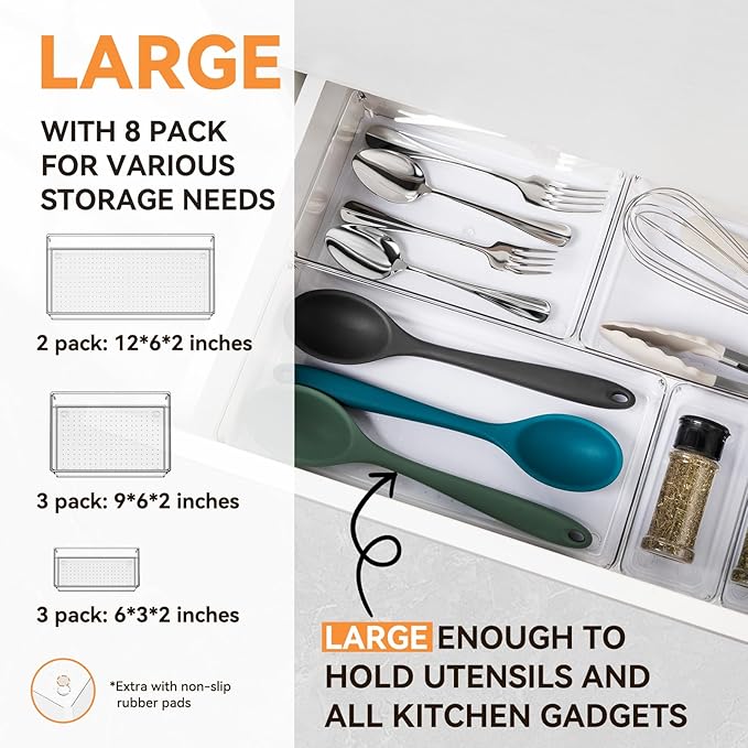 Criusia 8 Pack Drawer Organizer for Kitchen Gadgets, Large Clear Plastic Drawer Divider for Kitchen Accessories, Bathroom Organizers and Storage, Home Essentials for Makeup and Vanity Accessories-NeatNest