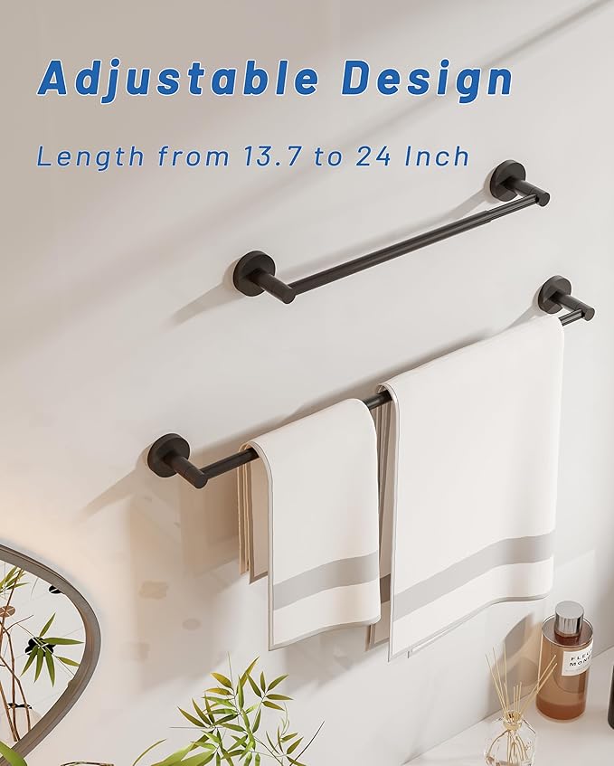 Fixsen Adjustable Towel Bar, Bathroom Towel Holder from 13.7 to 24Inch, SUS304 Stainless Steel Single Towel Racks for Bathroom, Heavy Duty Wall Mounted (Matte Black)
