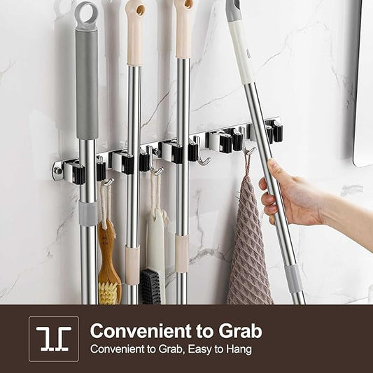 Broom Holder Wall Mount, Stainless Steel Broom Hanger Wall Mount, Heavy Duty Mop and Broom Holder Tool Racks Utility Hooks for Laundry Room Garden Garage, Grey (4 Racks and 5 Hooks)-NeatNest