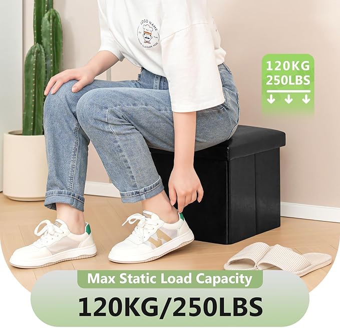 B FSOBEIIALEO Folding Storage Ottoman Cube with Faux Leather for Living Room, Bedroom, Home Office, Dorm Storage Footrest Black 11.8"x11.8"x11.8"