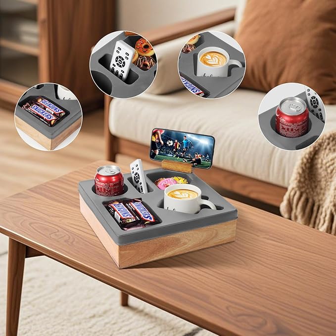 Couch Cup Holder Tray – Wooden Sofa Arm Organizer with Silicone Insert, Spill-Proof Snack & Drink Holder, Waterproof Couch Caddy for Remote, Phone & More – Bed, Car, RV, Living Room Essentials（Gray）-NeatNest