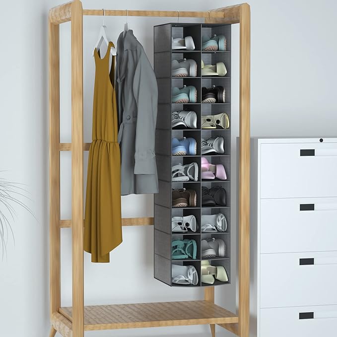 coastal rose Hanging Shoe Organizer for Closet, 20 Sections Hanging Closet Organizer and Storage Shelves, Space Saving Shoe Rack for Closet, Grey, 12''W×12''Dx 50''H-NeatNest