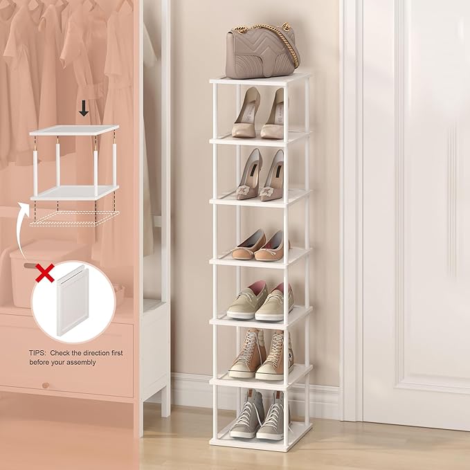 Vertical Tall Shoe Rack Organizer for Entryway -7 Tier Free Standing Slim Narrow Bamboo Wood Corner Stackable Shoe Boots Storage Stand Small Spaces for Closet Garage Cloakroom Living Room (White)-NeatNest