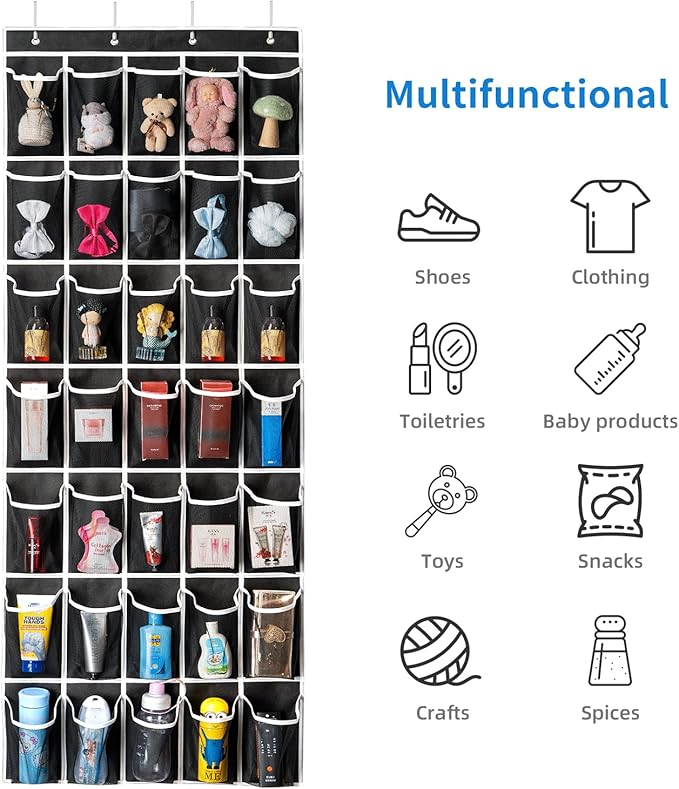 35 Pockets Over the Door Shoe Organizer, Hanging Shoe Organizer for Door with 35 Mesh Pockets Large Capacity Shoe Hanging Storage Bag with 4 Metal Hooks (Black-1Pack)-NeatNest