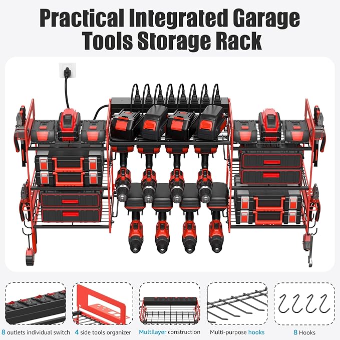 CCCEI Red Power Tool Organizer Wall Mount, Large Tools and Battery Storage Rack Charging Station Individual Switches. Drills Holder, Garage Utility Shelves with 6FT Power Strip. Gift for Men.-NeatNest