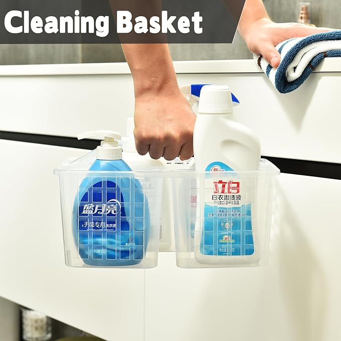 Haundry Plastic Shower Caddy Basket with 3 Compartments, Portable Divided Cleaning Supply Storage Organizer with Handle (Clear)-NeatNest