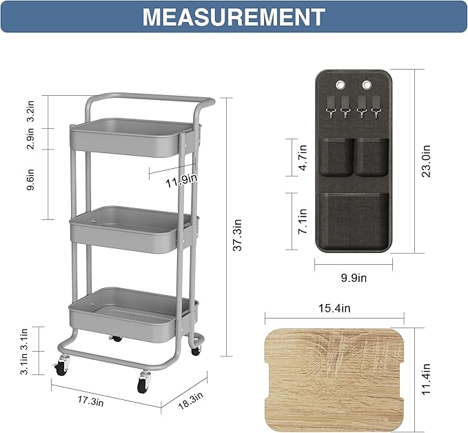 DTK 3 Tier Metal Utility Rolling Cart with Table Top and Side Bags, Tray Storage Organizer Wheels, Art Craft 4 Hooks for Kitchen Bathroom Office Living Room(Grey)-NeatNest