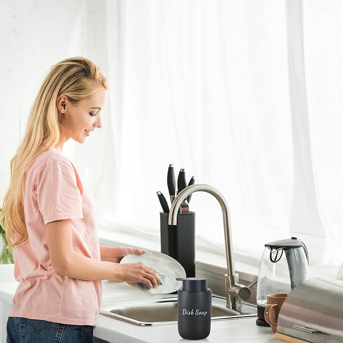 BosilunLife Black Soap Dispenser Set - 2 Pack 12oz Ceramic Dish Soap Dispenser with Rust Proof Pump for Kitchen, Hand Soap and Lotion Set Suitable for Farmhouse Bathroom Decor with Waterproof Labels-NeatNest