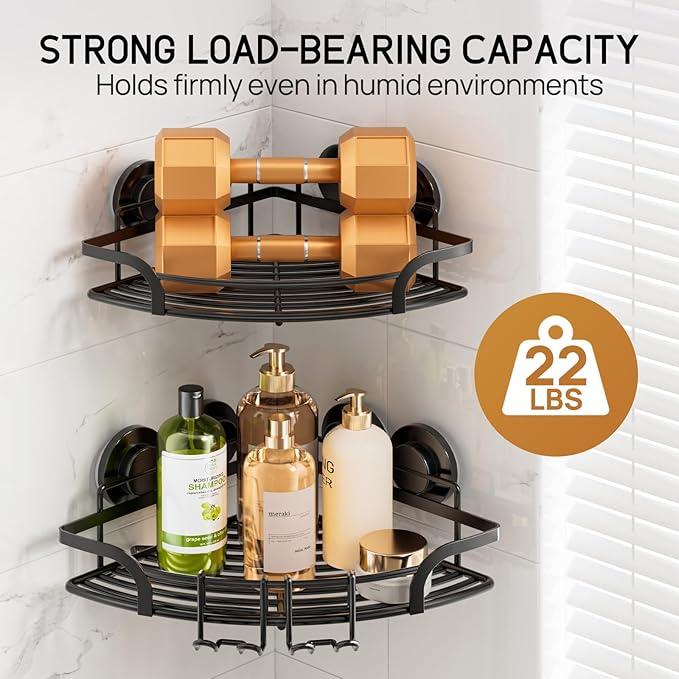 LEVERLOC 2 Pack Strong Suction Cup Corner Shower Caddy, Large Capacity Removable Bathroom Organizer, Stainless Steel Rustproof Shower Shelves with Hook, Drill-Free Wall Mounted Suction Basket, Black