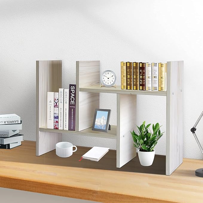 J.M.Deco Desktop Organizers and Storage for Office, Adjustable Desk Organizer Shelf Double H Display, True Natural Stand Shelf, Desktop Organizer White Wood Tone-NeatNest