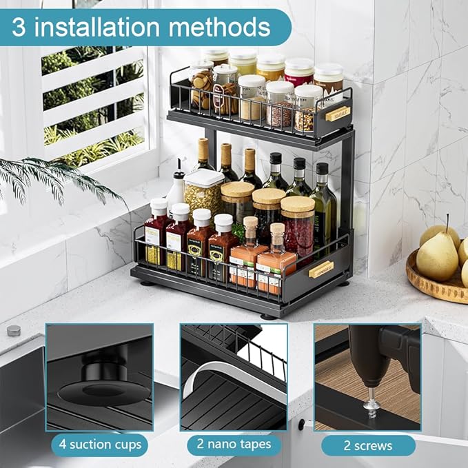 Under Sink Organizer, Pull Out Kitchen Cabinet Organizer, 2-Tier Metal Under Sink Organizers and Storage Height-Adjustable, Kitchen Bathroom Organizers and Storage Shelves, Black-NeatNest