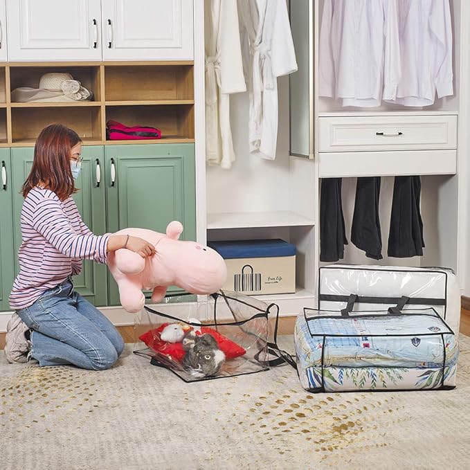 Clear Clothes Storage Bag Organizer with Reinforced Handle, Vinyl Storage Bags for Comforter, Blanket, Bedding, Toys, Transparent Moving Totes with Sturdy Dual Zippers, 3 Pack, 55 L, Black-NeatNest