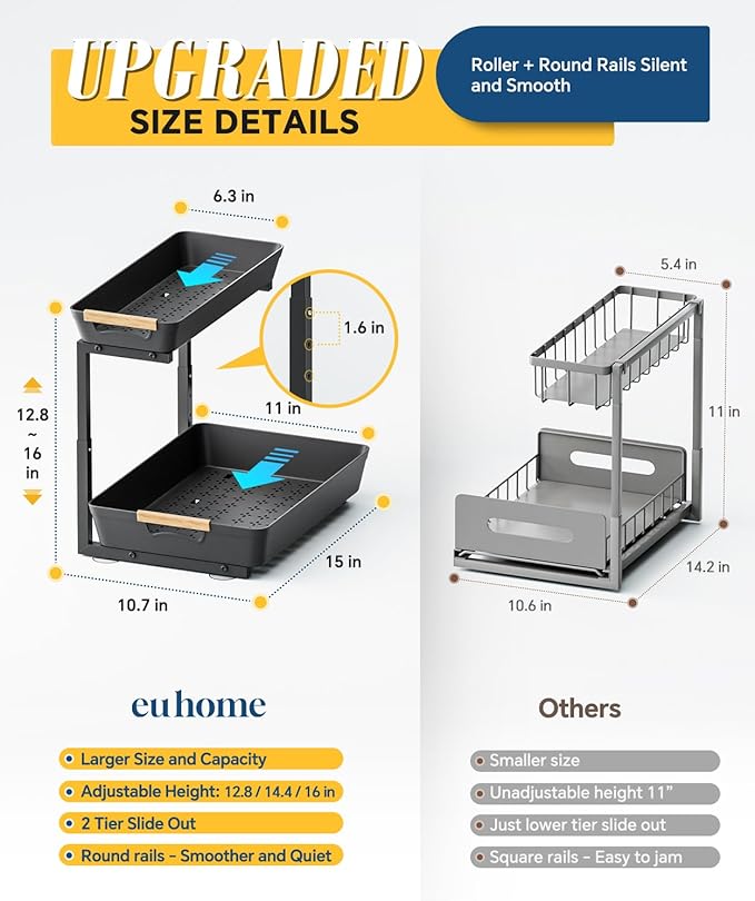 Under Sink Organizer, 2 Tier Adjustable Height Under Sink Organizers and Storage, L-Shaped Slide Out Pull Out Cabinet Organizers for Bathroom Kitchen Pantry (2 Pack, Black)-NeatNest