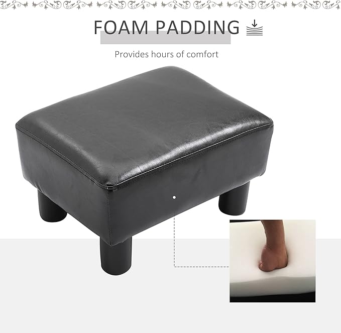 HOMCOM Ottoman Foot Rest, Small Foot Stool with Faux Leather Upholstery, Rectangular Ottoman Footrest with Padded Foam Seat and Plastic Legs, Bright Black