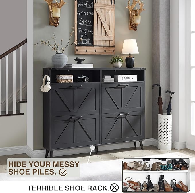 Shoe Storage Cabinet, Farmhouse Shoe Organizer with 4 Flip Drawers & Barn Door,Freestanding Hidden Slim Narrow Shoe Rack with Open Shelves for Entryway, Foyer, Hallway, Black-NeatNest
