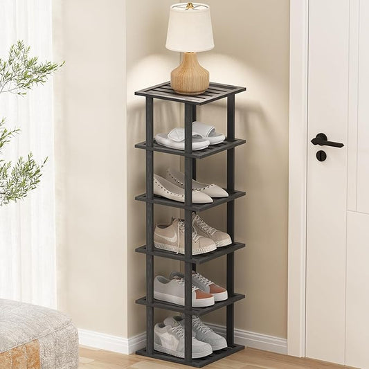 SHIISEWE Bamboo Shoe Rack for Small Spaces 6 Tier Tall Vertical Narrow Rack for Closet Stackable Shoe Holder, Black Stand for Entryway Storage Shoe Organizer-NeatNest