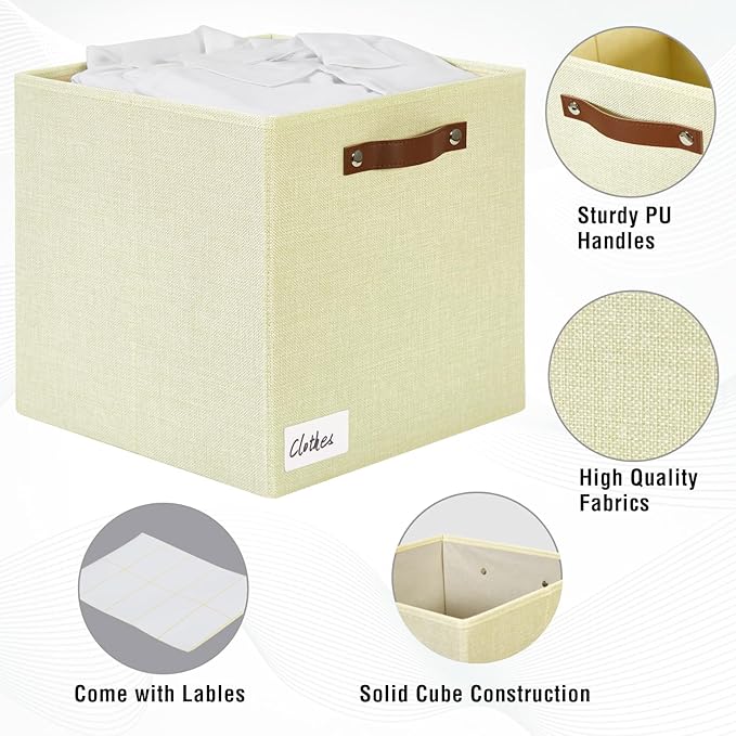 Collapsible Fabric Storage Cube Bins with 2 Reinforced PU Handles, Foldable Storage Organizer Baskets for Closet, Shelves, Living Room | 13"x13"x13", 4 Pack, Full Beige-NeatNest