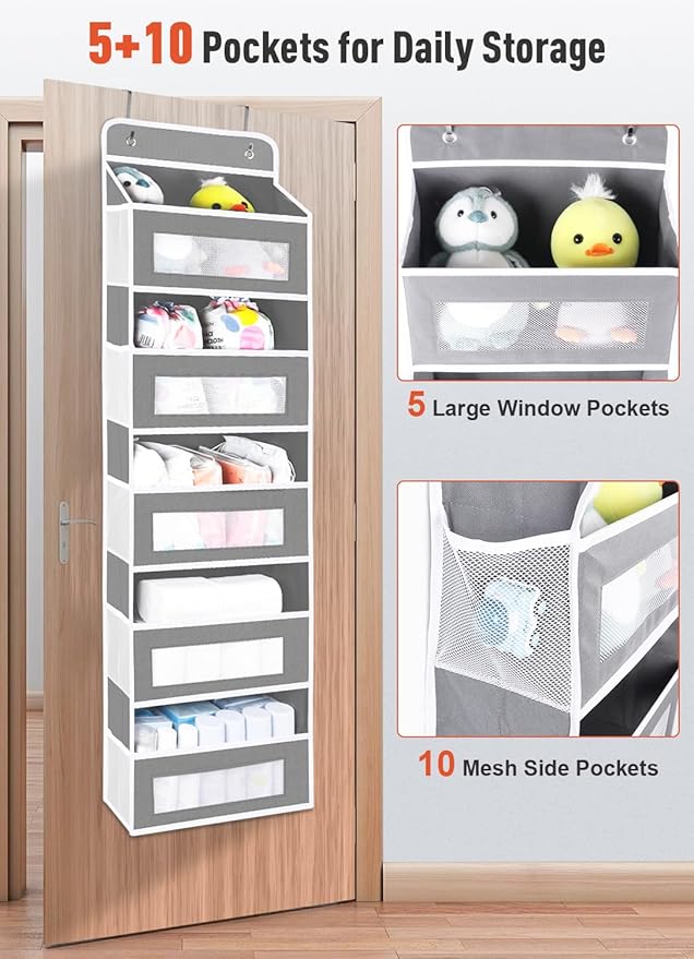 2 Pack Over The Door Organizer Storage, 5 Shelf Hanging Door Organizer with 10 Large Capacity Pockets, Anti Tilt 44 lb Load Behind Door Storage for Bedroom, Bathroom, Pantry, Nursery, (Grey)