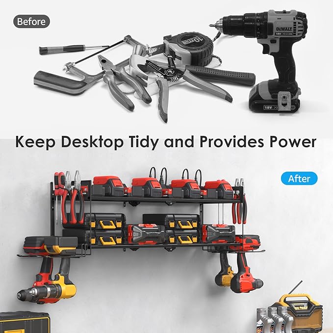 CCCEI Large Garage Tools Storage with Charging Station. Power Tool Battery Organizer Utility Shelf with Power Strip. 4 Drills Holder Wall Mount Rack.-NeatNest