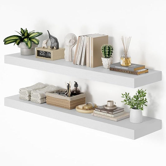 Heimlove 48W x 12D Long Floating Shelf, 12 Inch Deep White Floating Shelves for Wall Set of 2, Wood Shelves for Bedroom Living Room Bathroom Kitchen Home Office, Wall Shelves with Heavy Duty Bracket-NeatNest