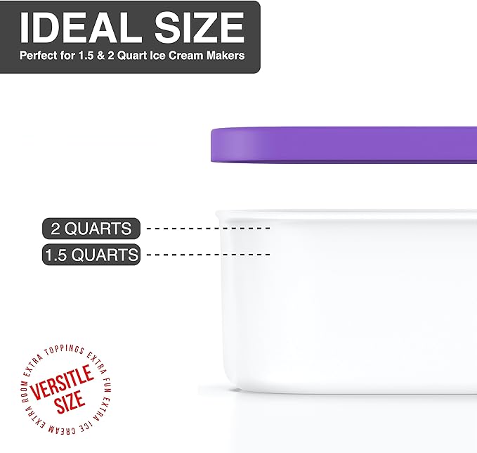 BALCI - Ice Cream Container - 2 Quart - Perfect Reusable Freezer Storage for Homemade Ice Cream Tubs for Sorbet, Frozen Yogurt and Gelato! - Flexible Silicone Lids, Long Scoop, Stackable - Purple