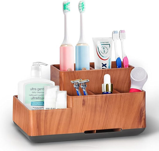 Toothbrush Holder,Bathroom Organizer Countertop, 5 Compartments Multifunctional Storage for Cosmetic, Makeup, Office Stationery Pencil,Toothpaste, Toothbrush,Ideal Gift for Home, Office（Bule）