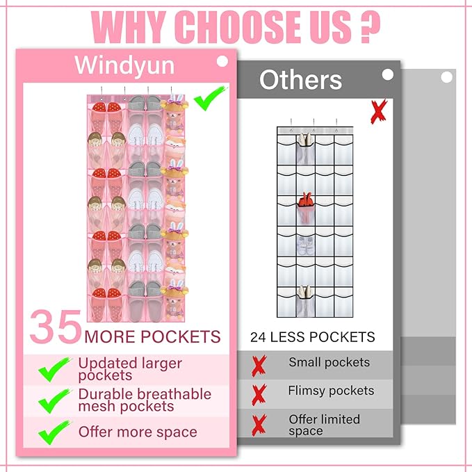 Windyun 2 Pcs 70 Large over The Door Shoe Organizer Hanging Shoe Rack for Closet Holder Pink Mesh Pockets Back to School Behind Door Hanger Storage Nonslip for Home Room School Dorm, Each 35 Pockets-NeatNest