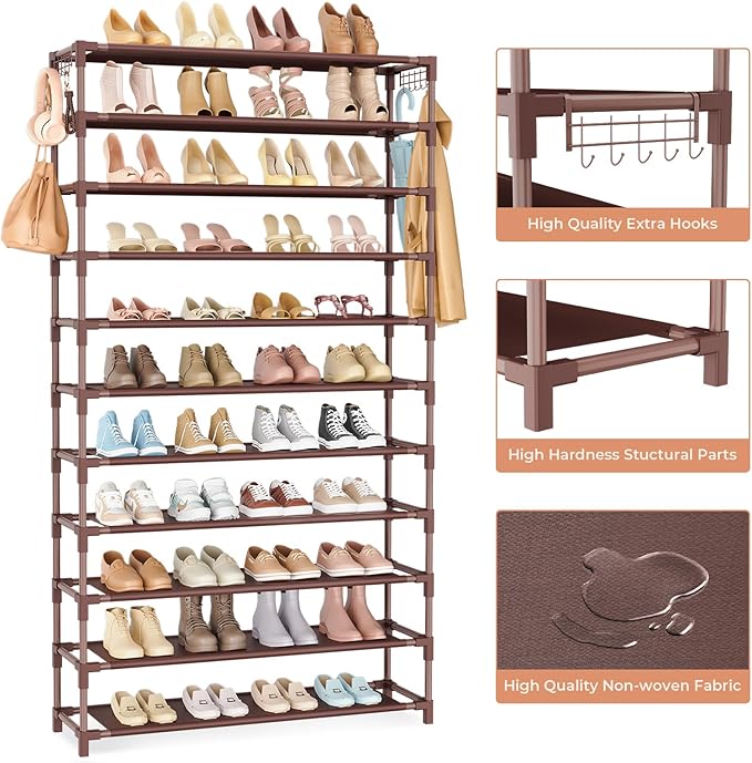 11 Tiers Tall Wide Shoe Rack 55 Pairs Large Capacity Sturdy Durable Shoe Rack for Closet Metal Shoe Organizer Shelf with Two Hooks Space Saving for Entryway Brown-NeatNest