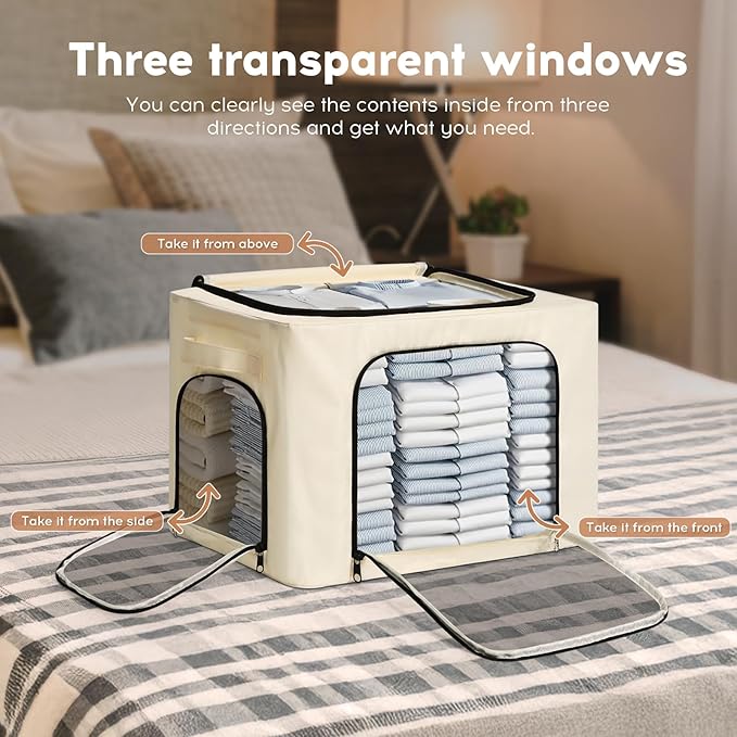 3-Pack Clothes Storage Bins with Metal Frame, Foldable 40L Linen Storage Boxes with Lids, Zippers & Durable Handles, Clear Windows (Cream)-NeatNest