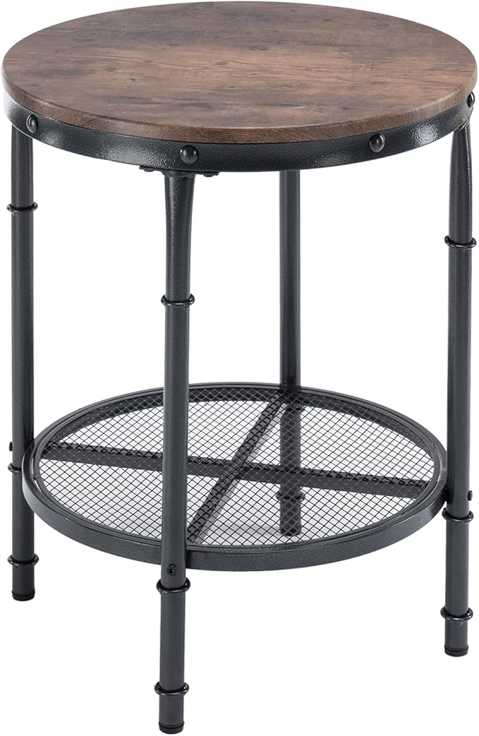 VINGLI 20" Side Table, Round End Tables Living Room, Industrial Small End Table with Metal Mesh, Rustic Farmhouse Side Tables for Bedroom, Office, Corner, Walnut